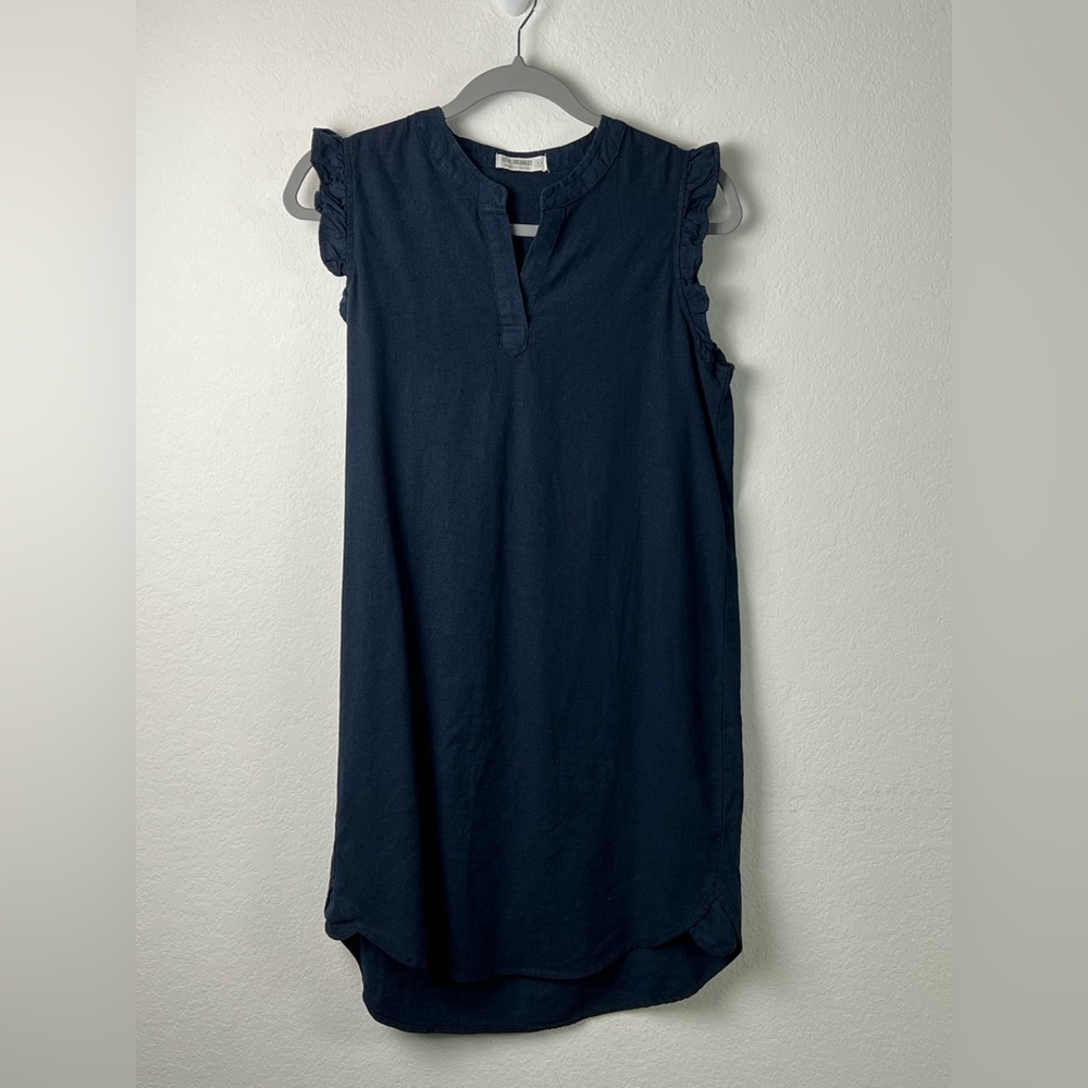 4Our Dreamers Blue Linen Rayon Sleeveless Ruffle Vacation Beach Office Dress